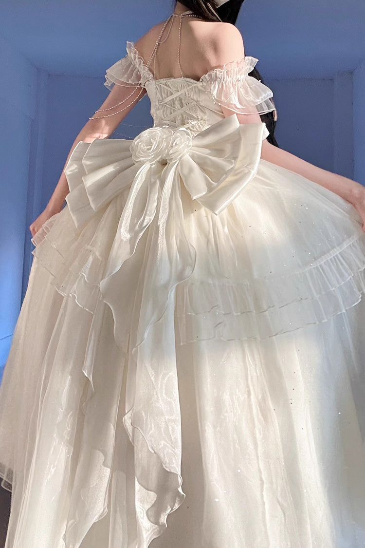 Apricot [Bright Stars] Off Shoulder Ruffle Bowknot Asymmetric Sweet Elegant Princess Lolita Dress