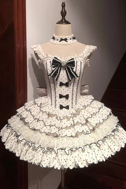 Beige Sleeveless Multi-Layered Polka Dots Printed Ruffled Bow Sweet Princess Lolita Jsk Dress