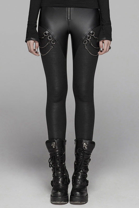 Black Crack Velvet Splice Knit PU Leather Metal Buckle Connect Chain Women's Punk Leggings