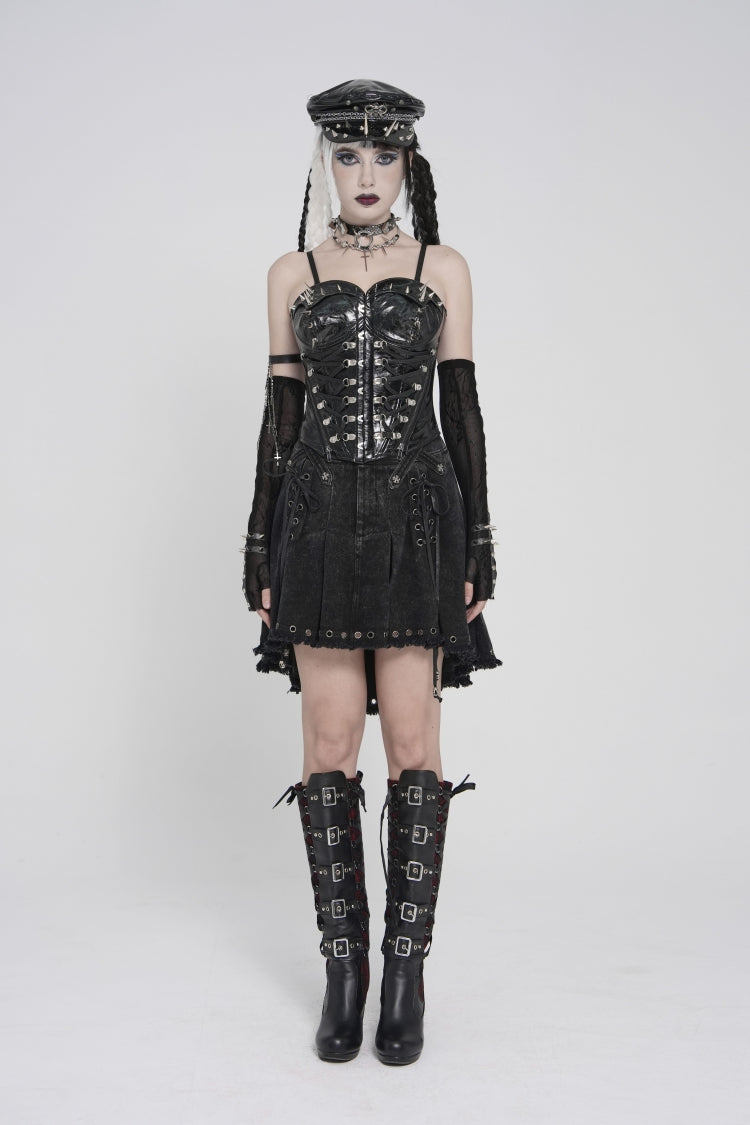 Black Lace-Up Slim Studded Zippered Women's Punk Corset