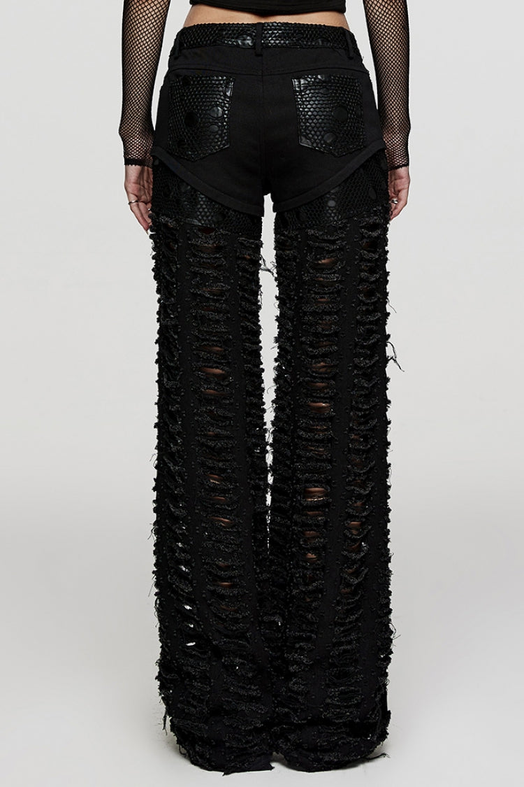 Black Embossed Stitching Mesh Ripped Women's Steampunk Straight Pants