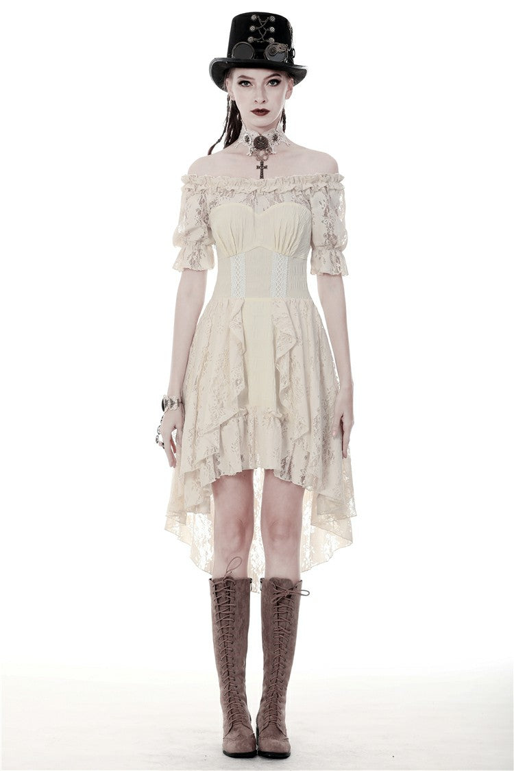 Beige Ruffled Off Shoulder Short Sleeves Ruched Women's Steampunk Vintage Gorgeous Graduation Dress