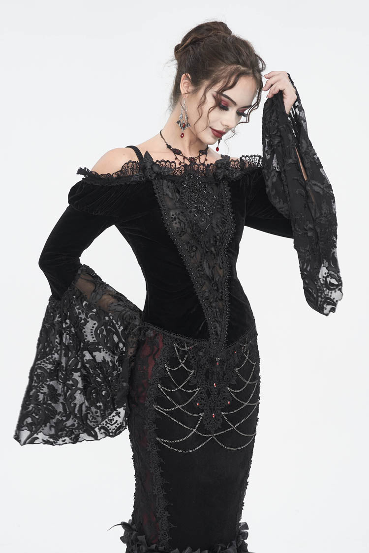 Black Off Shoulder Trumpet Sleeves Embroidery Lace Women's Gothic Blouse