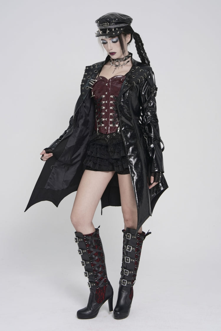 Black Lapel Collar Long Sleeves Lace-Up Irregular Eyelets & Rings Women's Punk Coat