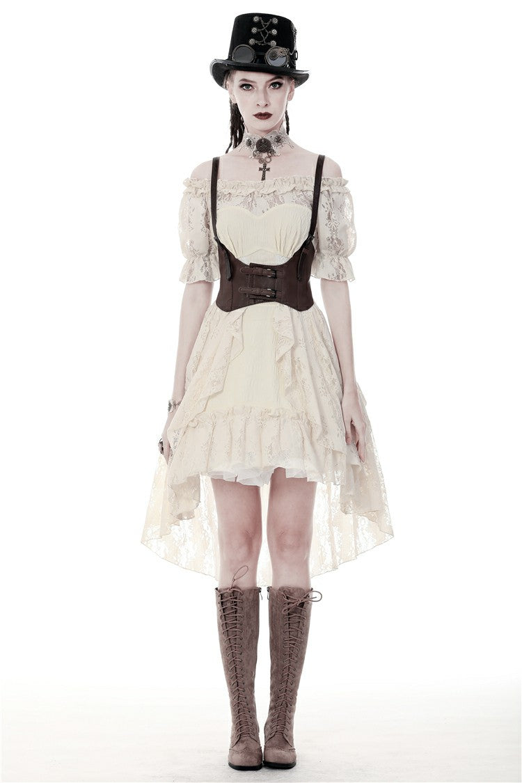 Beige Ruffled Off Shoulder Short Sleeves Ruched Women's Steampunk Vintage Gorgeous Graduation Dress