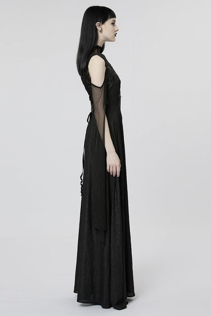 Black Off Shoulder Print Stitching Irregular Mesh Women's Gothic Dress