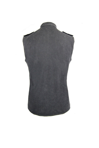 Black Military Uniform Style Chest Chinese Frog Button Sleeveless Men's Punk T-Shirt