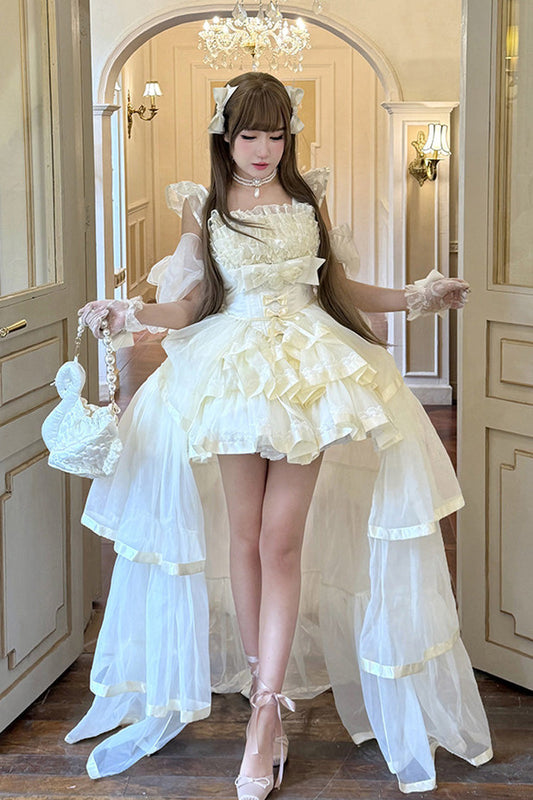 Beige [Mousse Love Song] Off Shoulder Sleeveless Triple-Layered Ruffled Hanayome Bow Sweet Elegant Ballet Lolita Short Dress Set