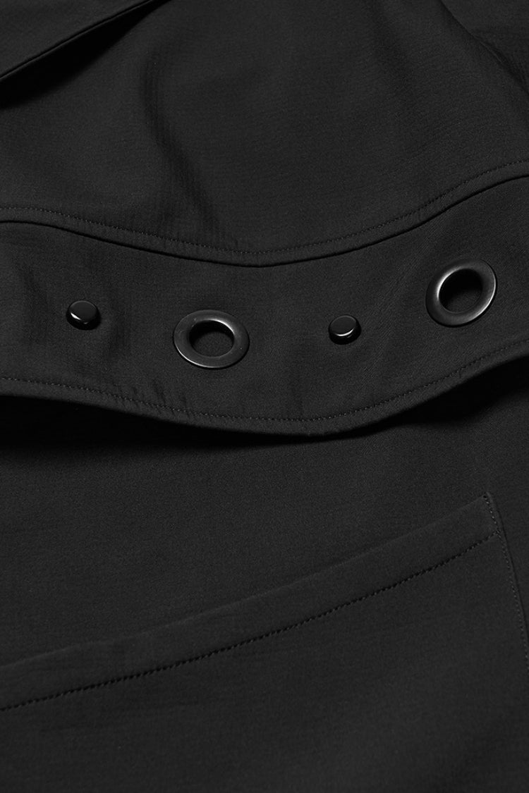 Black Lapel Collar Long Sleeves Hooded Zippered Eyelet Men's Gothic Coat