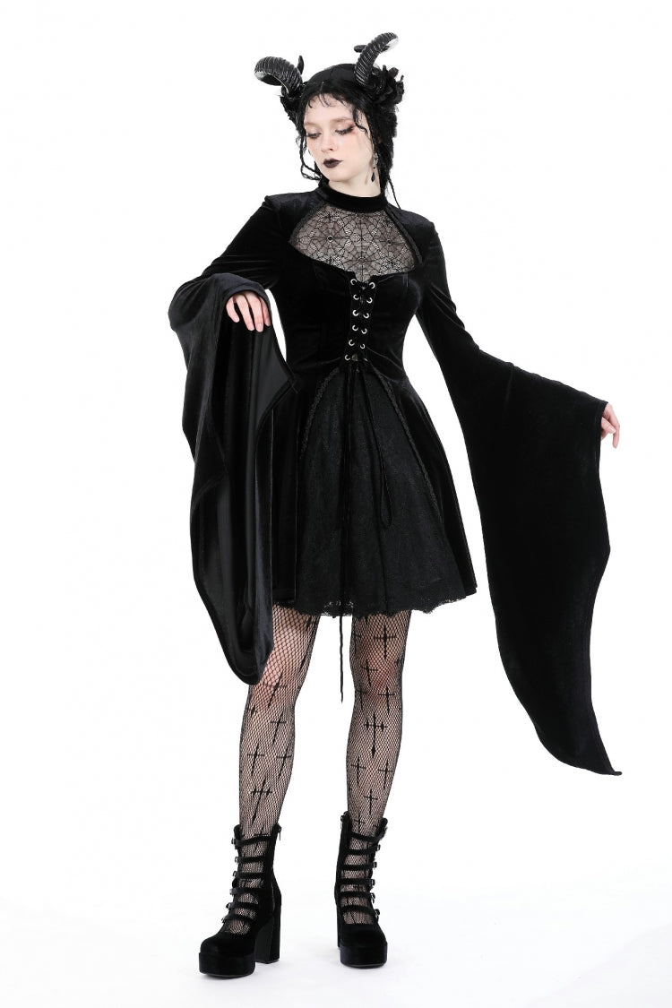 Black Long Trumpet Sleeves Spliced Lace-Up Spider Mesh Women's Gothic Velvet Wedding Dress