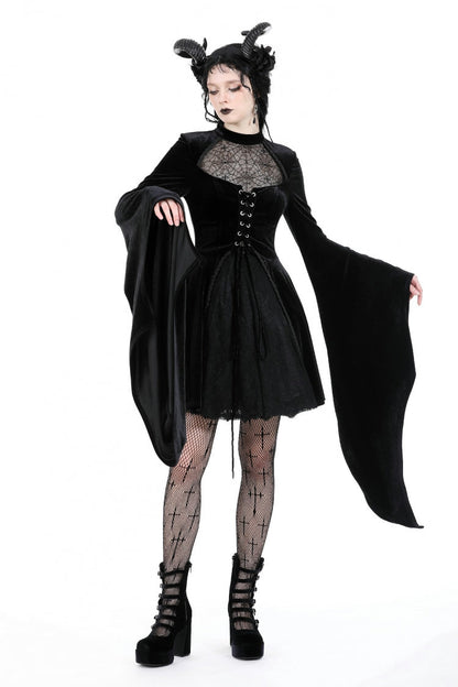 Black Long Trumpet Sleeves Spliced Lace-Up Spider Mesh Women's Gothic Velvet Wedding Dress