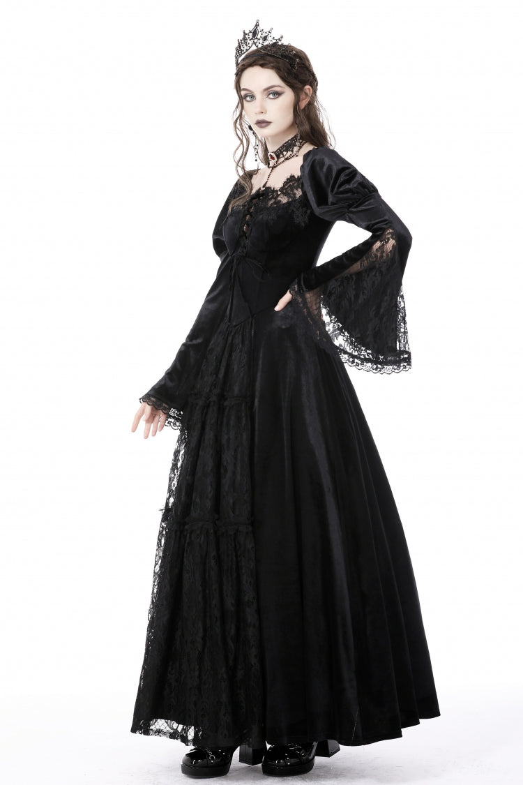 Black Long Puff Sleeves Spliced Lace Lace-Up Women's Gothic Vintage Velvet Wedding Dress