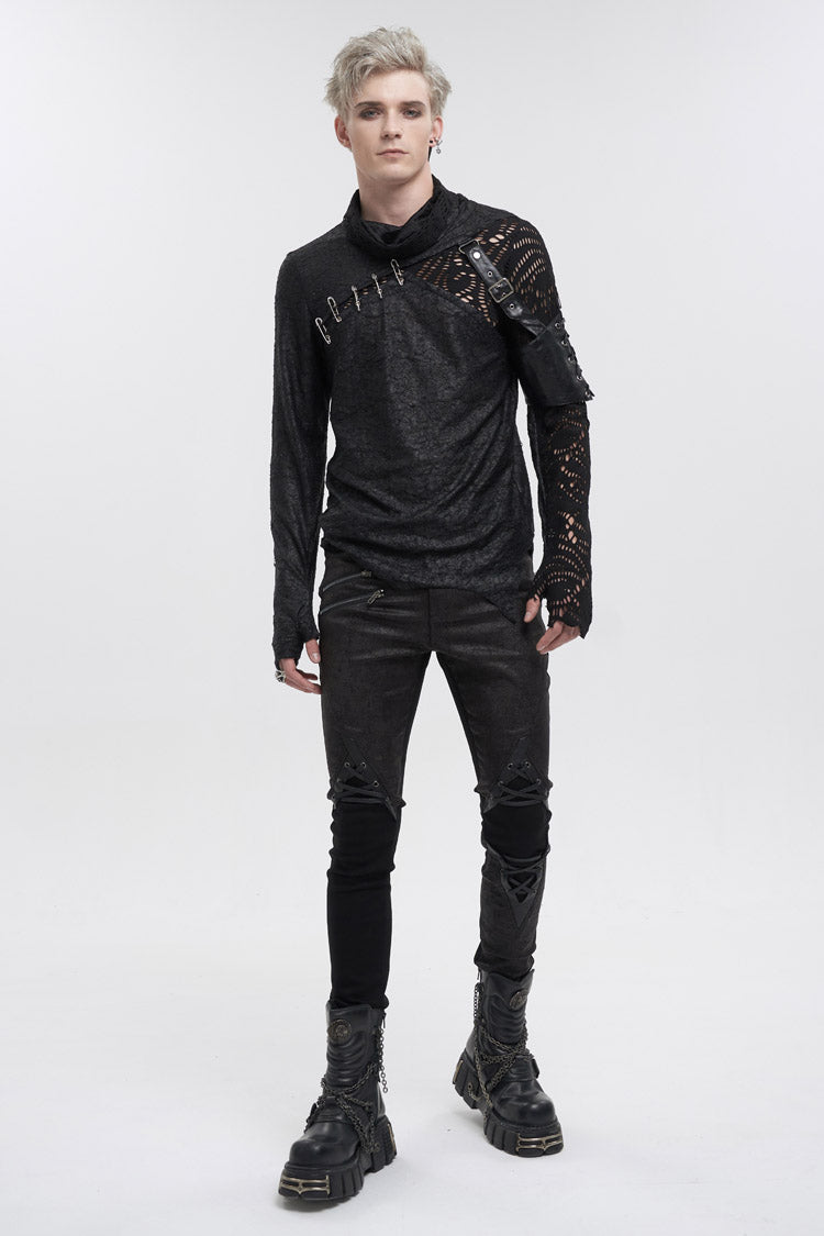 Black Fashion Printed Fabric Stitching Ripped Mesh Detachable Long Sleeve Men's Punk T-Shirt