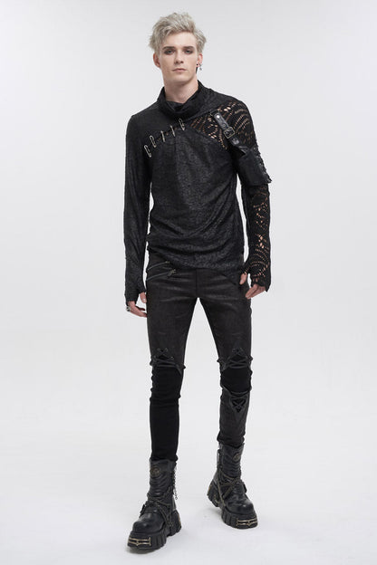Black Fashion Printed Fabric Stitching Ripped Mesh Detachable Long Sleeve Men's Punk T-Shirt