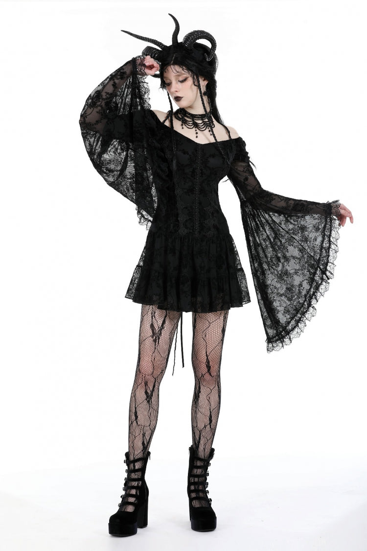 Black Off Shoulder Long Trumpet Sleeves Velvet Spliced Mesh Women's Gothic Graduation Dress