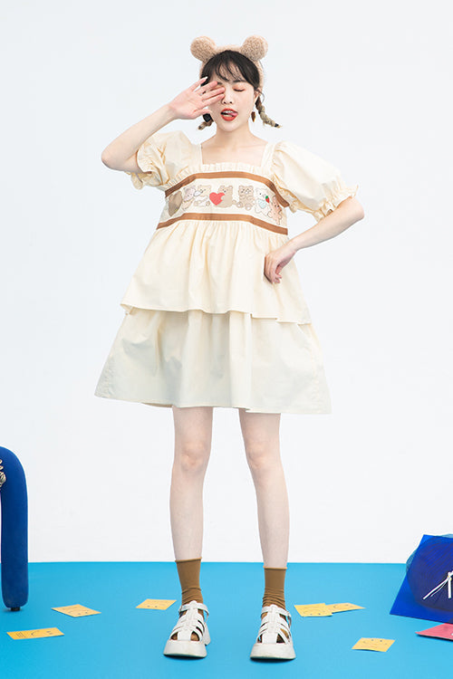 Beige Vintage Square Collar Ruffled Short Sleeves Cartoon Bear Print High Waisted Sweet Lolita Dress