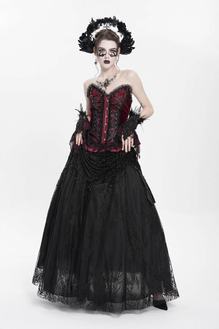 Black Floral Embroidered Beaded Women's Gothic Long Skirt