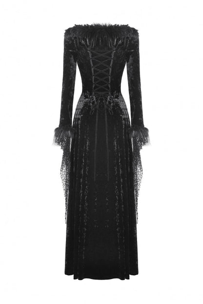 Black Long Sleeves Velvet Lace Women's Gothic Maxi Dress Wedding Dress