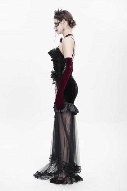 Black Floral Embroidery Mesh Hem Women's Gothic Long Slip Dress