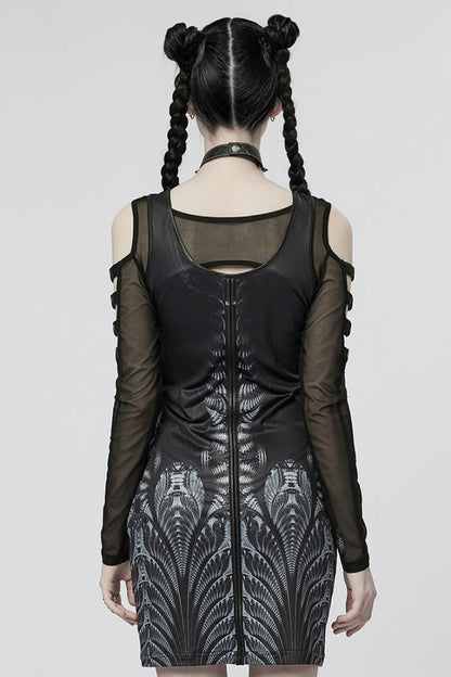 Black Off Shoulder Long Sleeves Print Metal Rivets Women's Gothic Two Pieces Dress