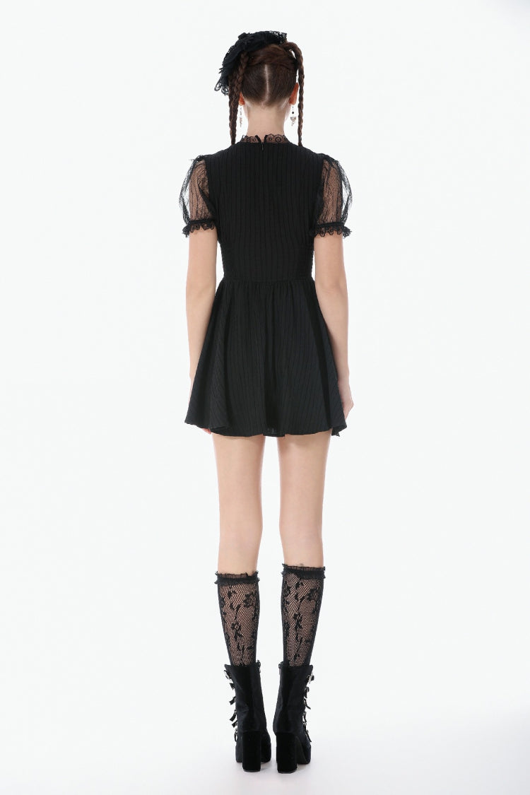 Black Lace Short Sleeves Cross Ruffled Women's Gothic Graduation Dress