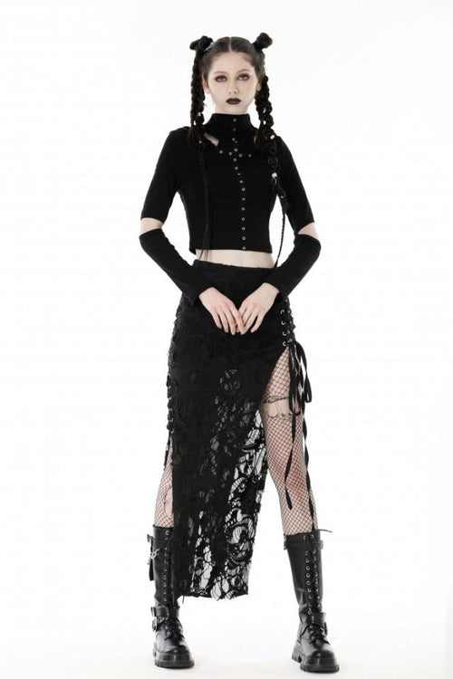 Black Metal Cross Eyelet Long Sleeves Cut-Out Women's Punk Crop Top with Ripped Hood
