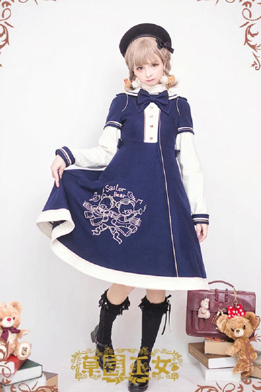 Bear Print Embroidery Long Sleeves Bowknot Sweet Lolita Woolen Coat 2 Colors