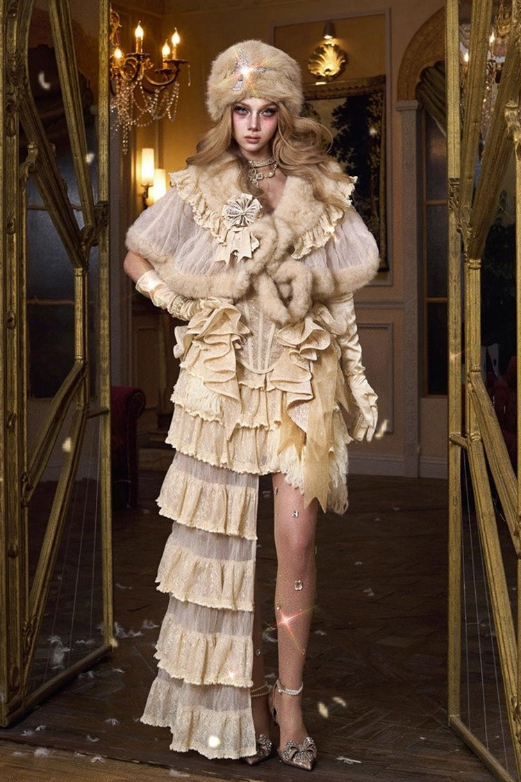 Beige [Slavic Noble Lady] Short Sleeves Ruffled Lace Fluffy Sweet Lolita Coat Cloak