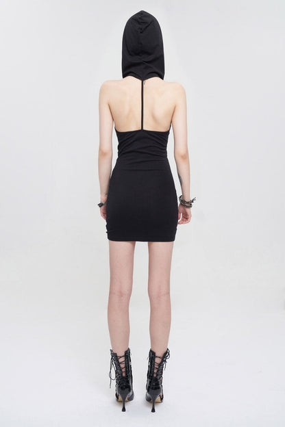 Black Cross Straps Backless Hooded Sleeveless Hip Wrap Women's Punk Dress