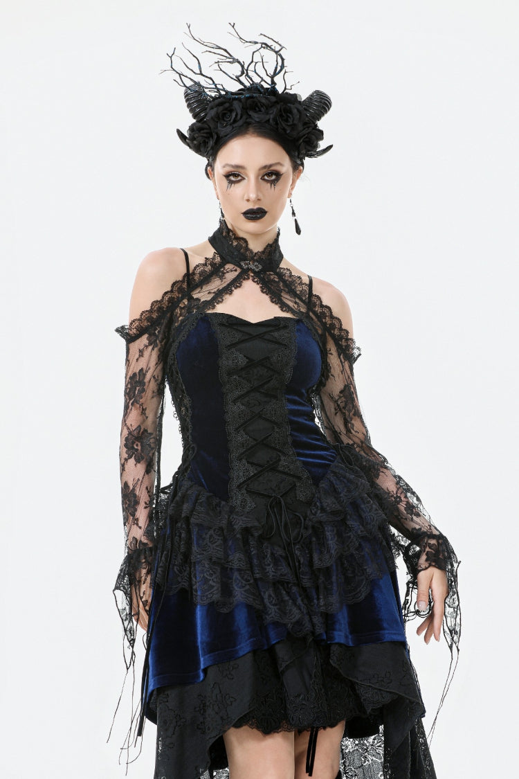 Black Off Shoulder Long Sleeves Sheer Floral Lace Women's Gothic Shrug
