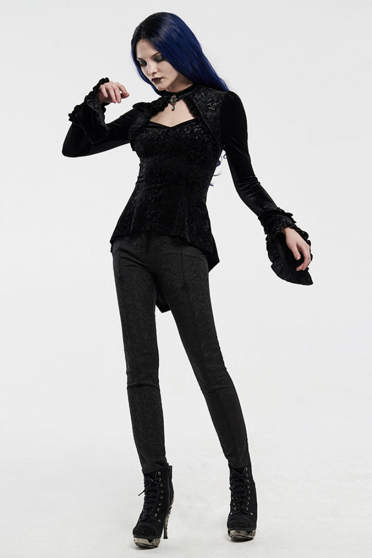 Black Long Sleeves Hollow Embroidery Slim Women's Gothic Blouse