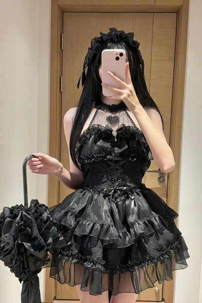 Black Halterneck Triple-Layered Bowknot Lace Gothic Lolita Jsk Dress