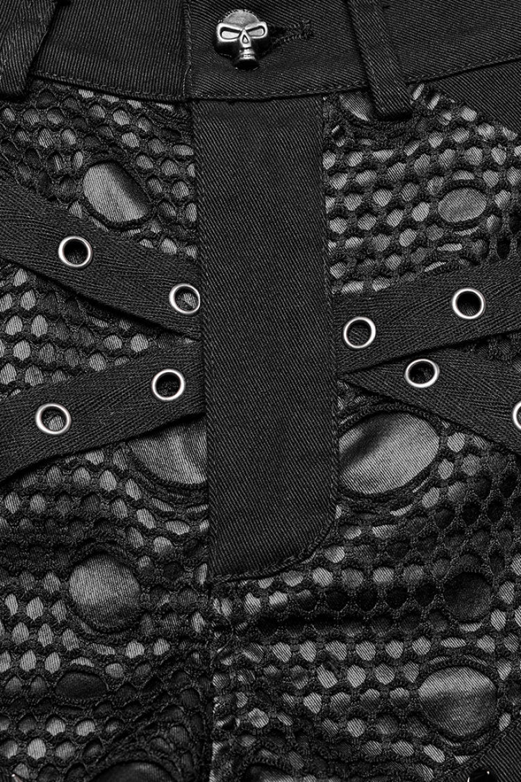 Black Faux Leather Stitching Mesh Buckles Women's Steampunk Shorts