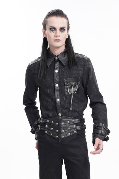 Black Lapel Collar Long Sleeves Buckle Chain Men's Gothic Blouse