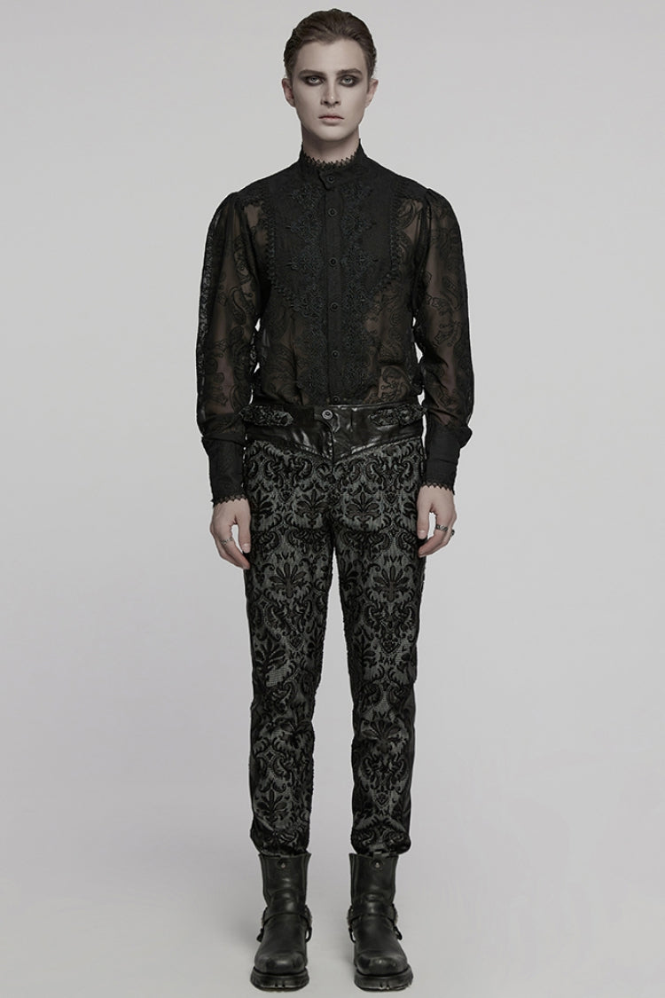 Black Print Floral Embroidery Buckle Men's Gothic Pants