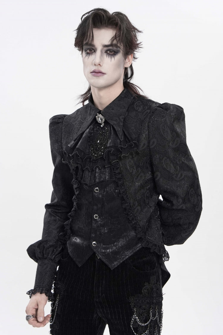 Black Lapel Collar Long Lantern Sleeves Jacquard Embroidered Lace Men's Gothic Palace Swallow-tailed Shirt with Necktie