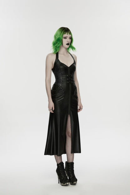 Black Halterneck Sleeveless Lace-Up Slim Buckled Women's Punk Dress