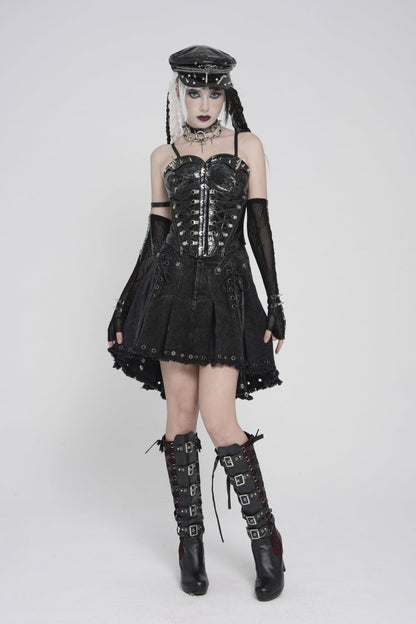 Black Lace-Up Slim Studded Zippered Women's Punk Corset