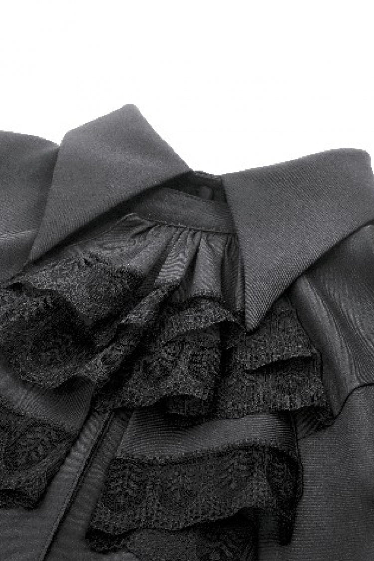 Black Point Lapel Collar Short Puff Sleeves Women's Gothic Blouse with Removable Rosette Cravat