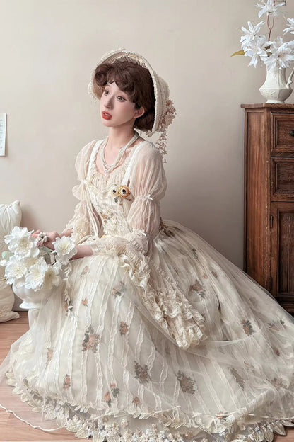 Apricot [Chloris] Printed Embroidered Lace Sweet Lolita Jsk Dress