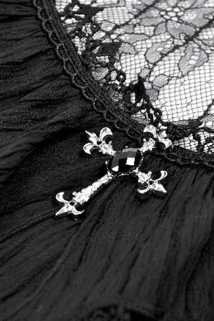 Black Lace Short Sleeves Cross Ruffled Women's Gothic Graduation Dress