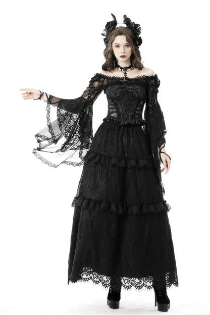 Black Off Shoulder Lace Long Trumpet Sleeves Floral Mesh Women's Gothic Cape
