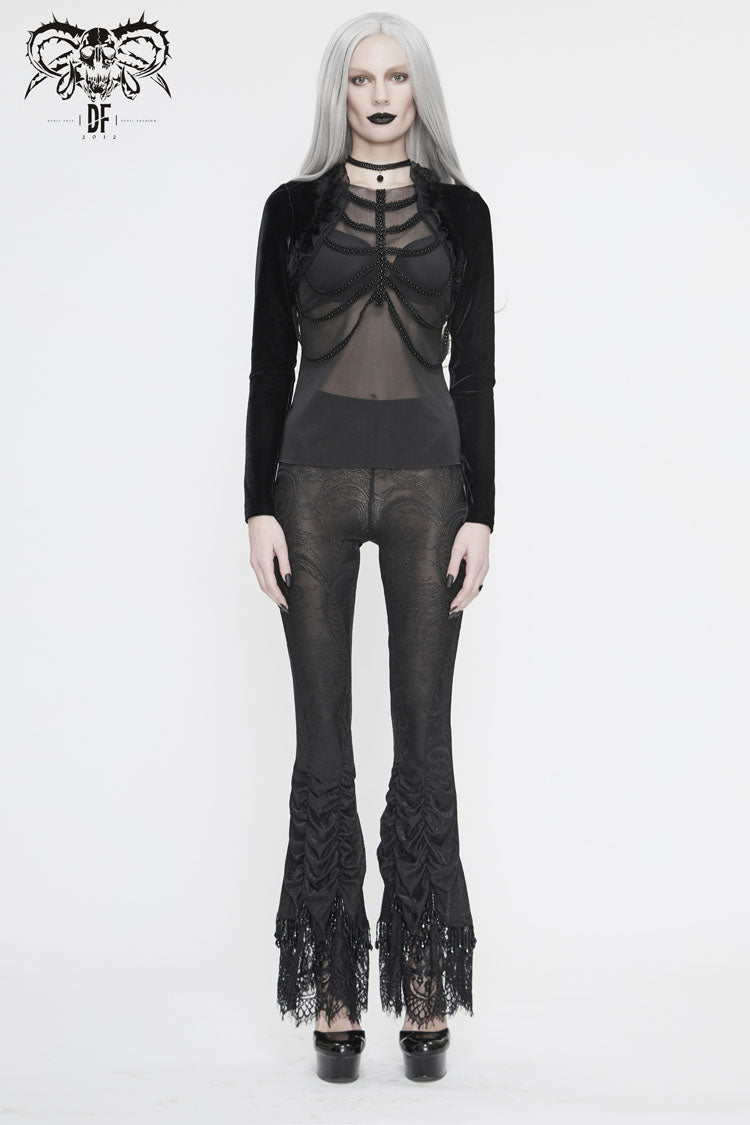 Black Front Beads Chain Decoration Velvet Frill Shawl Mesh Women's Gothic T-Shirt