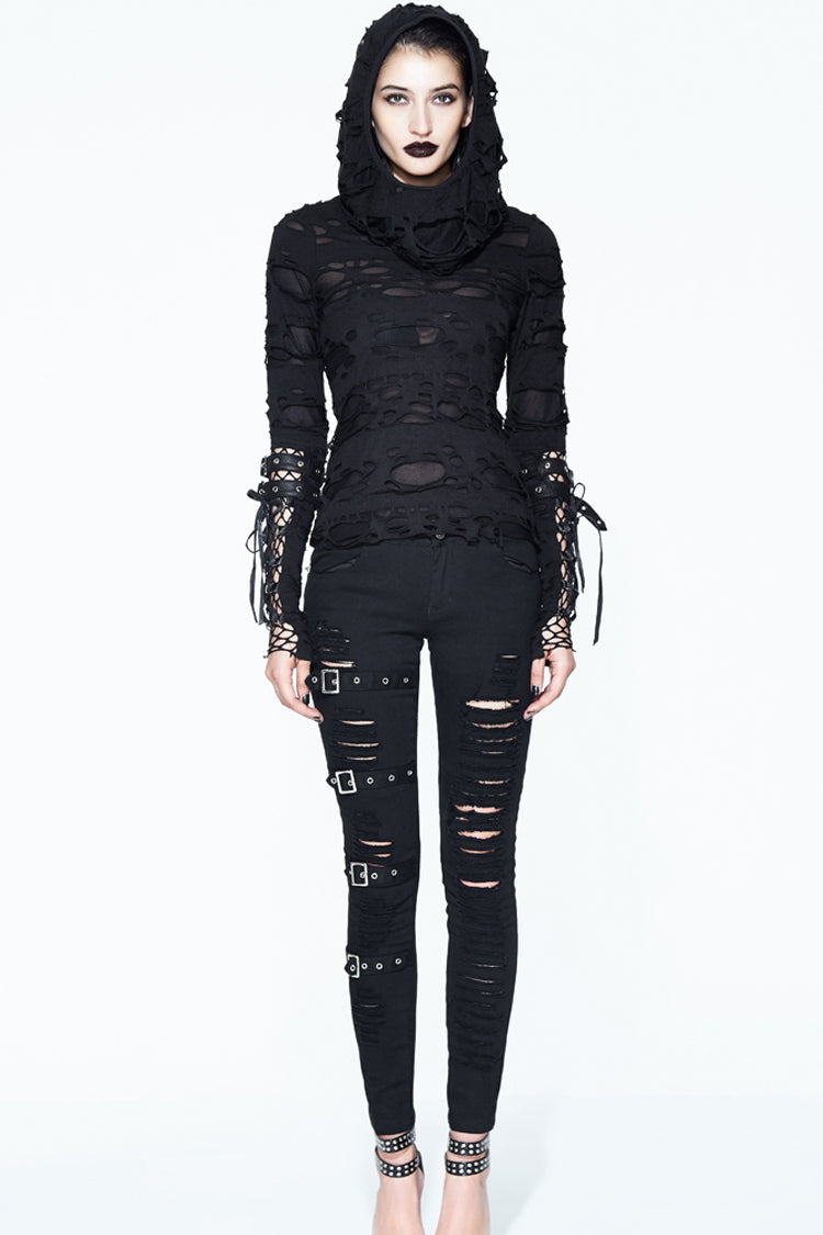 Black Hooded Ripped Finger Covered Splice Mesh Leather Loop Lace Up Women's Punk Shirt