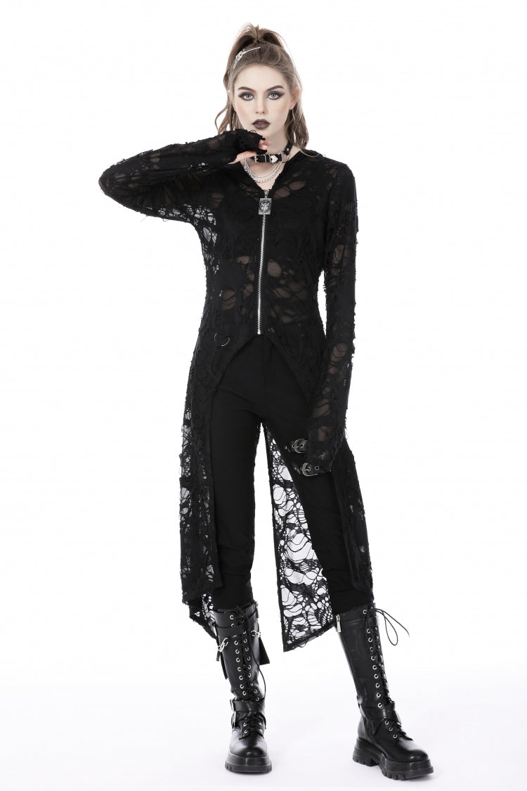 Black Long Sleeves Split Ripped Zippered Women's Punk Long Coat with Hood