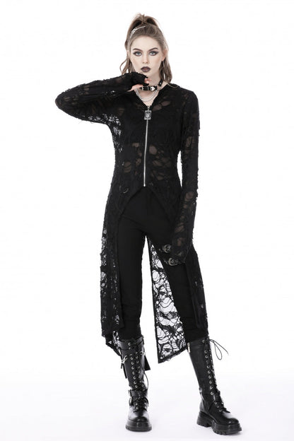 Black Long Sleeves Split Ripped Zippered Women's Punk Long Coat with Hood