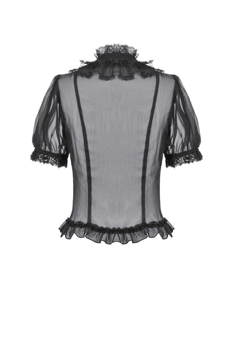 Black Multi-Layered Ruffled Lace Short Puff Sleeves Sheer Women's Courtly Gothic Blouse