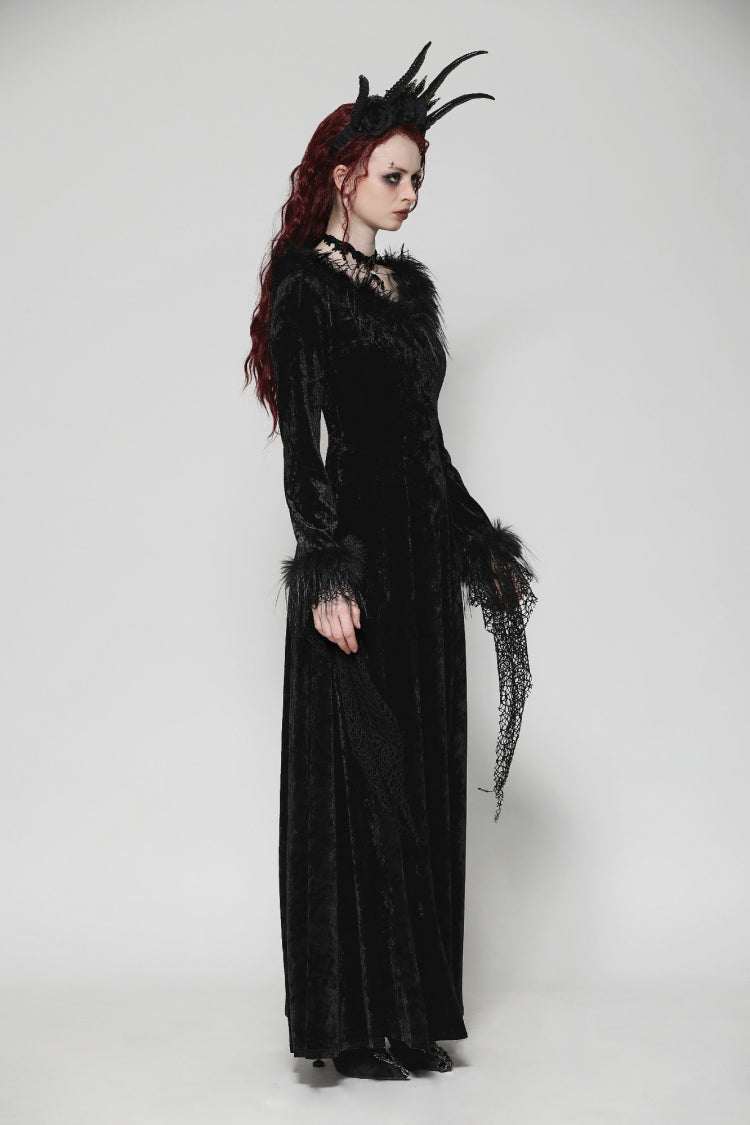 Black Long Sleeves Velvet Lace Women's Gothic Maxi Dress Wedding Dress
