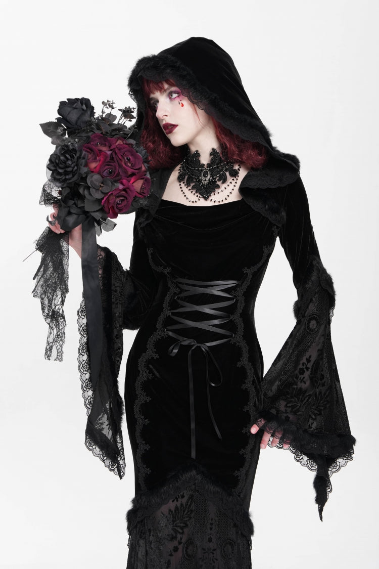Black Long Trumpet Sleeves Embroidery Stitching Lace Hooded Mesh Women's Gothic Dress