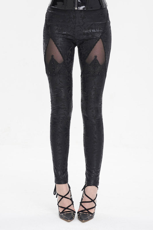 Black Floral Embroidered Mesh Splice Women's Gothic Leggings